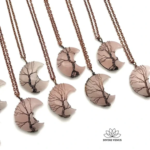 Rose Quartz - Wire Wrapped Moon Shaped Red Copper - Picture 5 of 8